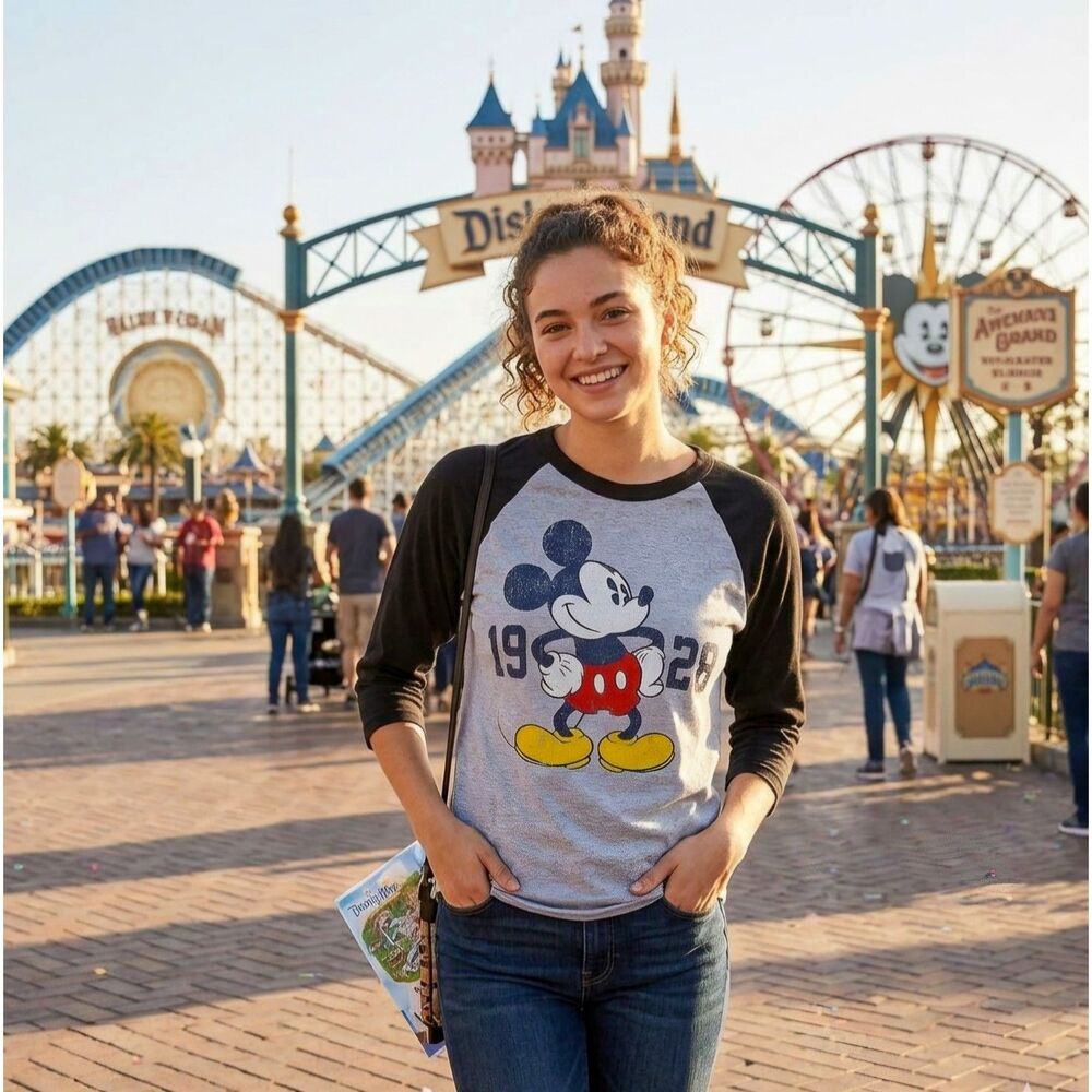 Disneyland Resort Raglan Shirt Gray Black Mickey Mouse 1928 Size Small